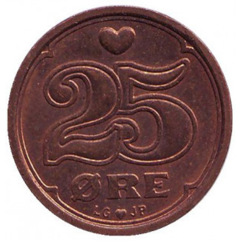 Монета 25 ері. 1989-2020 рік, Данія. (В) Монета 25 ері. 1989-2020 рік, Данія. (В)