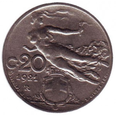 Монета 20-ретезо. 1908-35 рік, Італія.(АМ)