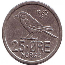 Птах. Монета 25 ері. 1958-73 рік, Норвегія.(БД)