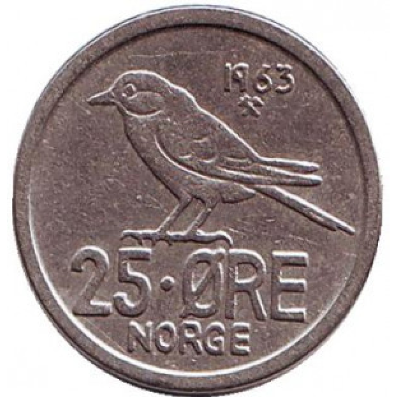 Птах. Монета 25 ері. 1958-73 рік, Норвегія.(БД) Птах. Монета 25 ері. 1958-73 рік, Норвегія.(БД)