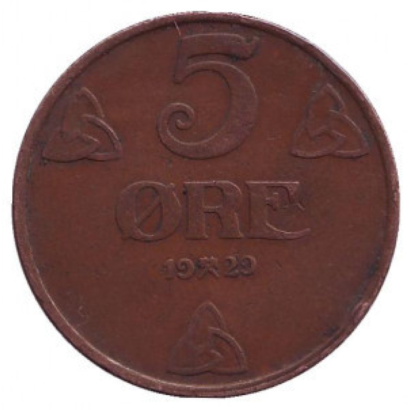 Монета 5 ері. 1929 рік, Норвегія. (БД) Монета 5 ері. 1929 рік, Норвегія. (БД)