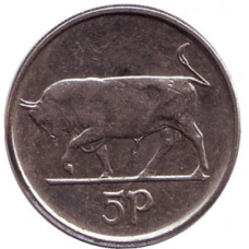 Бик. Ірландська арфа. Монета 5 пенсів. 1992 рік, Ірландія.(АС)