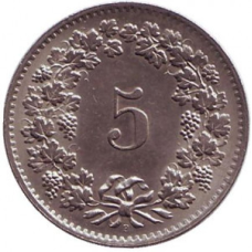 Монета 5 раппенов. 1964,69,71,76 рік, Швейцарія.