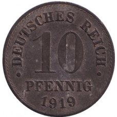 Монета 10 пфенігів. 1919,20 рік, Німецька імперія.