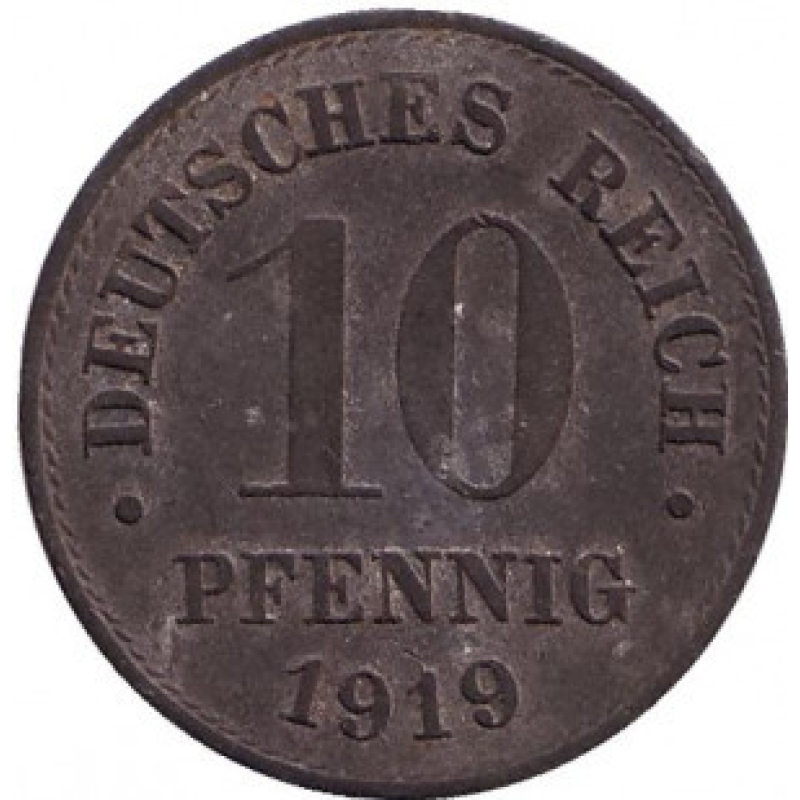 Монета 10 пфенігів. 1919,20 рік, Німецька імперія. Монета 10 пфенігів. 1919,20 рік, Німецька імперія.