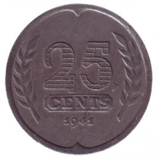 Монета 25 центів. 1941,42 рік, Нідерланди.