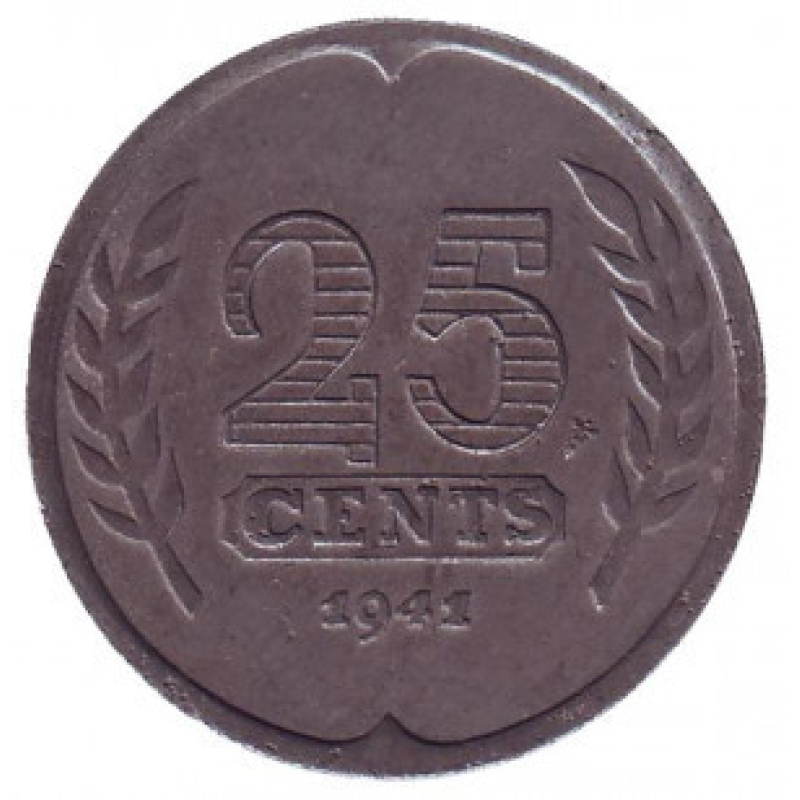 Монета 25 центів. 1941,42 рік, Нідерланди. Монета 25 центів. 1941,42 рік, Нідерланди.