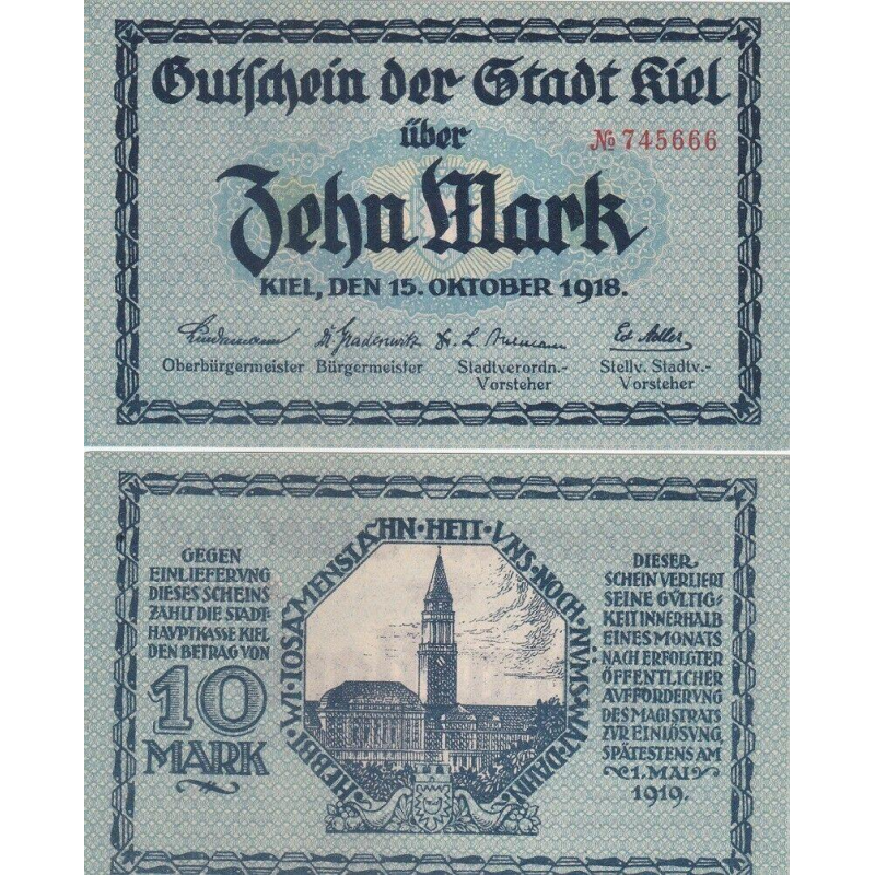 Germany / Notgeld Kiel Німеччина - 10 Mark 15.10. 1918 aUNC Germany / Notgeld Kiel Німеччина - 10 Mark 15.10. 1918 aUNC