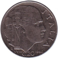 Віктор Еммануїл III. Монета 20 чентезимо. 1940,41 рік, Італія. (Немагнітні, ребристий гурт)(АМ)