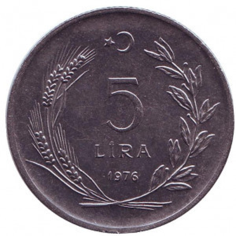 Монета 5 лір. 1976 рік, Туреччина.(Г) Монета 5 лір. 1976 рік, Туреччина.(Г)