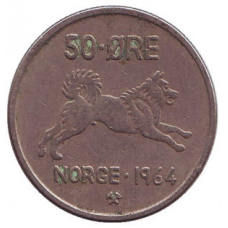 Собака. Монета 50 ері. 1964,66,67,72 рік, Норвегія. (БД)