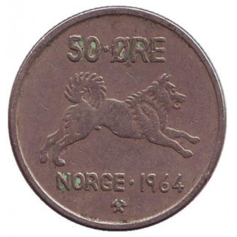 Собака. Монета 50 ері. 1964,66,67,72 рік, Норвегія. (БД) Собака. Монета 50 ері. 1964,66,67,72 рік, Норвегія. (БД)