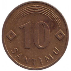 Монета 10 сантимів. 1992 рік, Латвія.(АТ)