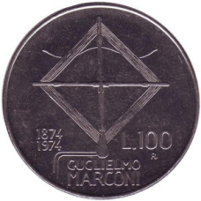 100-річчя з дня народження Гульєльмо Марконі. Монета 100 лір. 1974 рік, Італія. (Г)