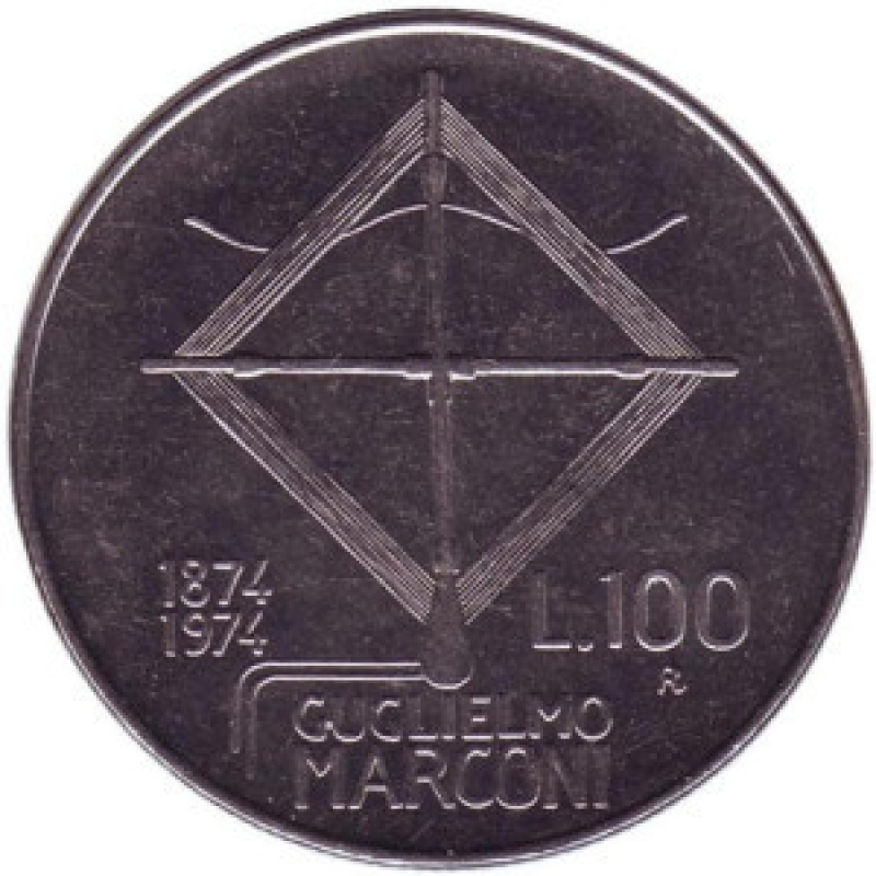 100-річчя з дня народження Гульєльмо Марконі. Монета 100 лір. 1974 рік, Італія. (Г) 100-річчя з дня народження Гульєльмо Марконі. Монета 100 лір. 1974 рік, Італія. (Г)
