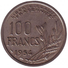 Монета 100 франків. 1954 рік, Франція.