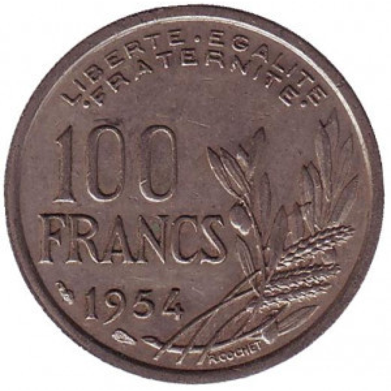 Монета 100 франків. 1954 рік, Франція. Монета 100 франків. 1954 рік, Франція.