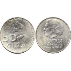 Монета Нідерланди 50 гульденів 1984р. 200-річчя Нідерландсько-Американської дружби
