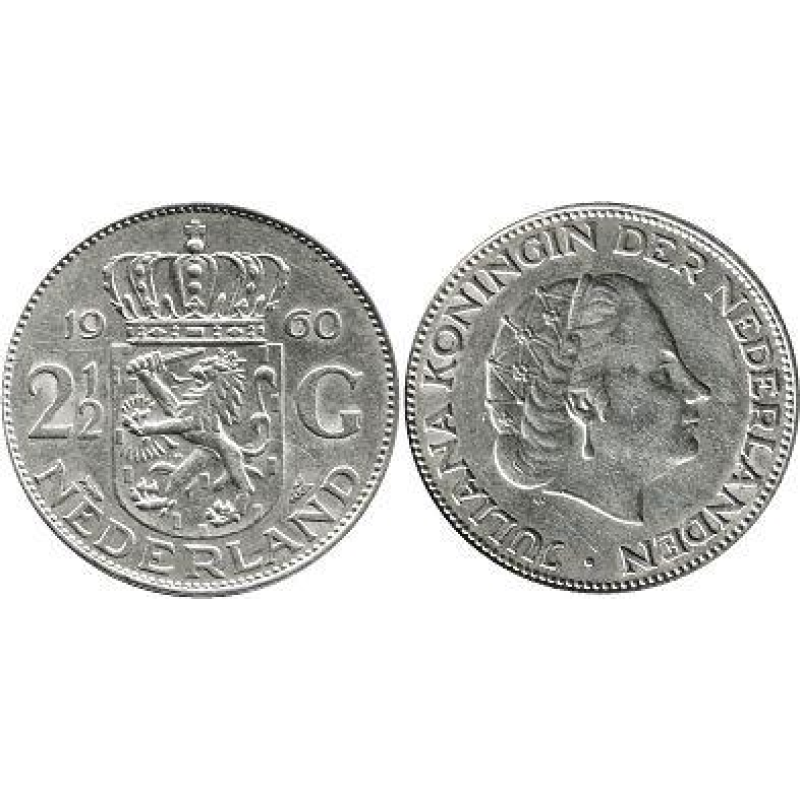 Монета Нідерланди 2,5 гульдена 1960,61 г. сріблом Монета Нідерланди 2,5 гульдена 1960,61 г. сріблом