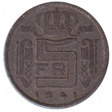 Монета 5 франків. 1941 рік, Бельгія. (Des Belges)
