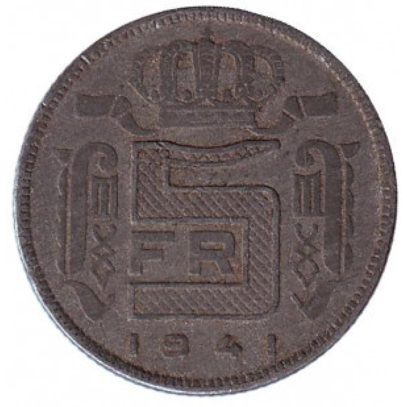 Монета 5 франків. 1941 рік, Бельгія. (Des Belges) Монета 5 франків. 1941 рік, Бельгія. (Des Belges)
