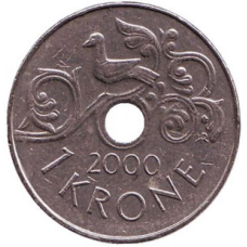 Птах на виноградній лозі. Монета 1 крона. 2000,03,1999 рік, Норвегія. (БД)