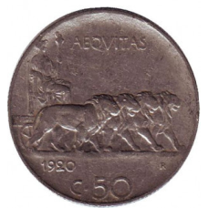Віктор Еммануїл III. Монета 50 чентезимо. 1920 рік, Італія. (Г)