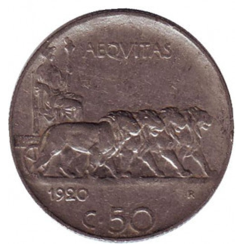 Віктор Еммануїл III. Монета 50 чентезимо. 1920 рік, Італія. (Г) Віктор Еммануїл III. Монета 50 чентезимо. 1920 рік, Італія. (Г)