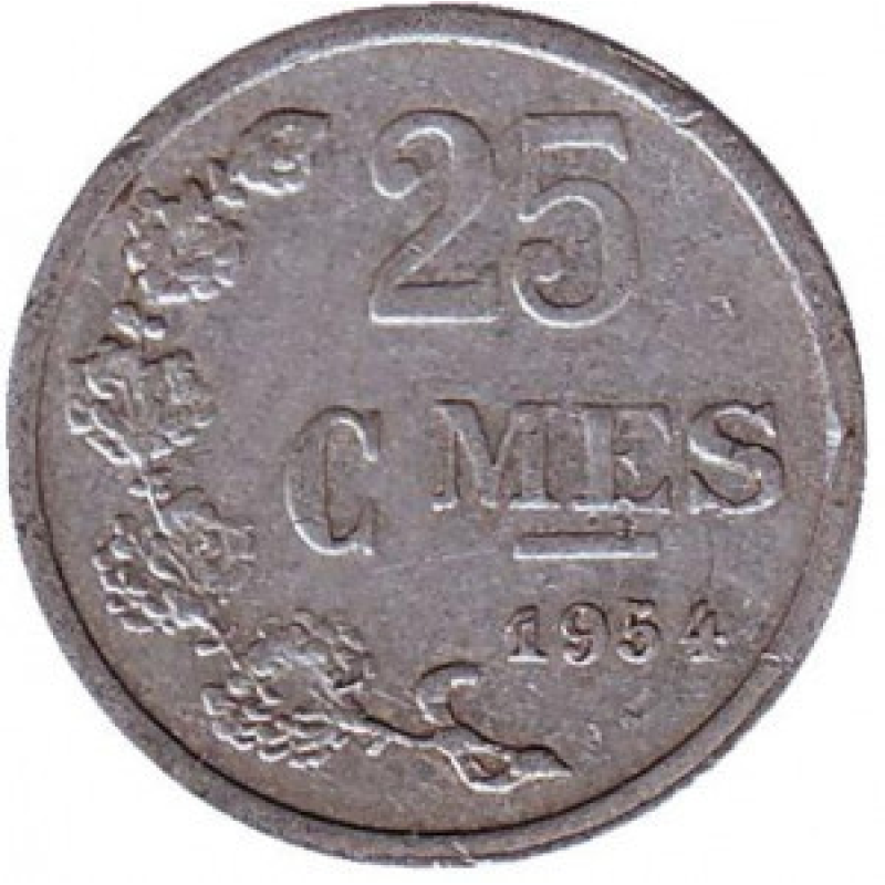 25 сантимів. 1954-72 рік, Люксембург. (АЗ) 25 сантимів. 1954-72 рік, Люксембург. (АЗ)