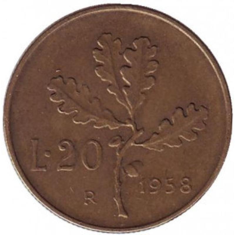 Дубова гілка. Монета 20 лір. 1957,58 рік, Італія. Дубова гілка. Монета 20 лір. 1957,58 рік, Італія.