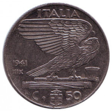 Віктор Еммануїл III. Монета 50 чентезимо. 1940,41 рік, Італія.