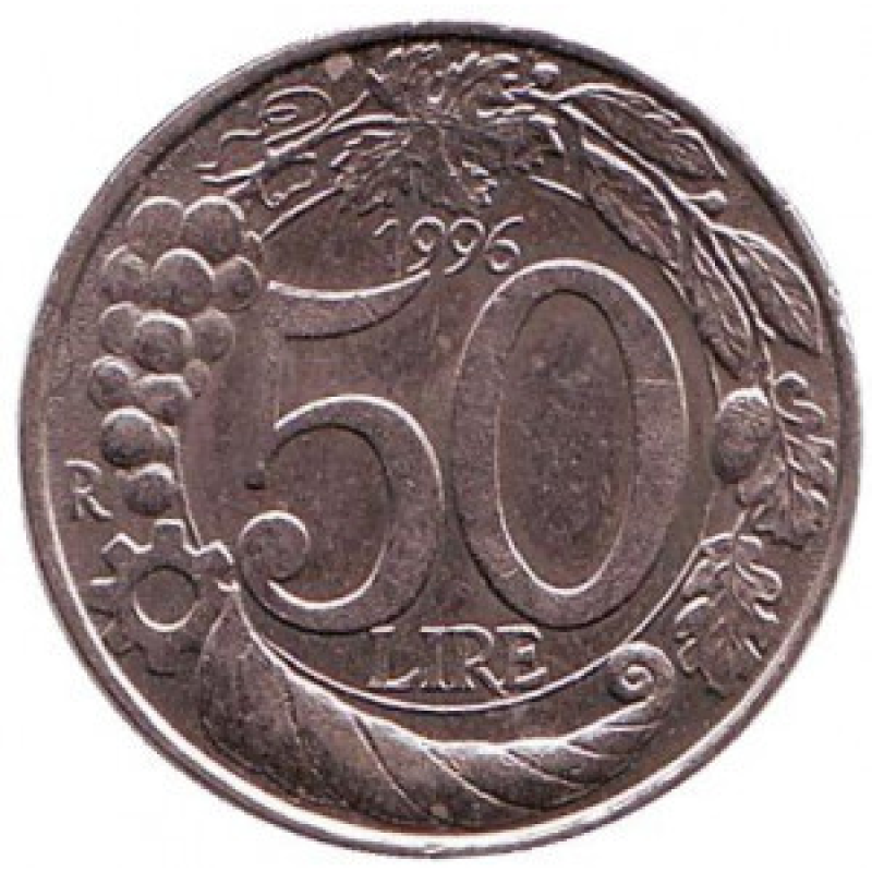 Монета 50 лір. 1996 рік, Італія. Монета 50 лір. 1996 рік, Італія.