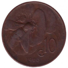 Бджола. Монета 10 чентезимо. 1920,22,24,25 рік, Італія.