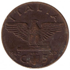Орел. Віктор Еммануїл III. Монета 5 чентезимо. 1942 рік, Італія.