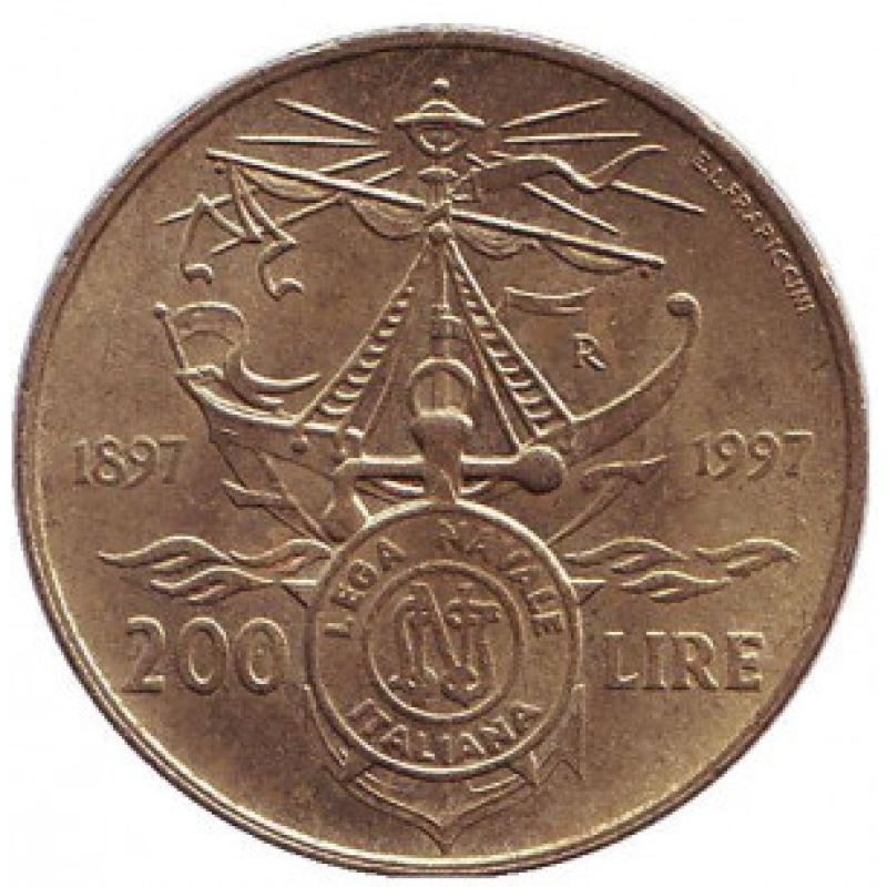 100 років Італійської морський лізі. Монета 200 лір. 1997 рік, Італія. 100 років Італійської морський лізі. Монета 200 лір. 1997 рік, Італія.