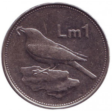 Птах мерилл. Монета 1 лира. 1991-2007 рік, Мальта