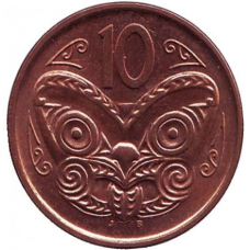 Маска маори. Монета 10 центов. 2006-23 год, Новая Зеландия.(БЖ)