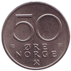 Монета 50 ере. 1976,82,93 рік, Норвегія. (БД)