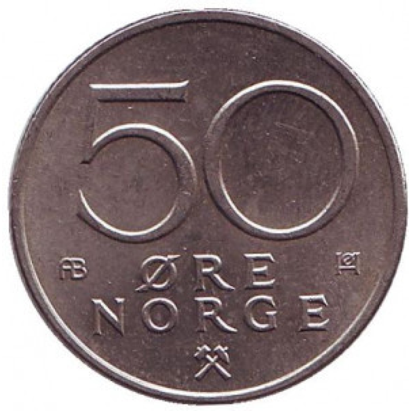 Монета 50 ере. 1976,82,93 рік, Норвегія. (БД) Монета 50 ере. 1976,82,93 рік, Норвегія. (БД)