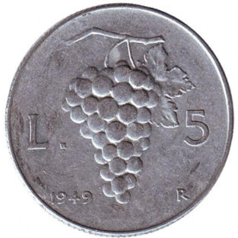 Гроно винограду. Монета 5 лір. 1949,50 рік, Італія. Гроно винограду. Монета 5 лір. 1949,50 рік, Італія.