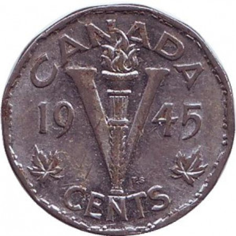 Монета 5 центів. 1945 рік, Канада..(Д)