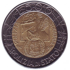 50 років дорожньої поліції. Монета 500 лір. 1997 рік, Італія.