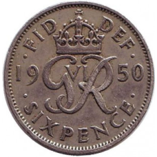 Монета 6 пенсів. 1950 рік, Великобританія. (В)
