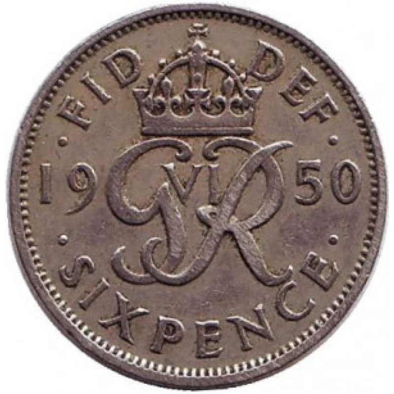 Монета 6 пенсів. 1950 рік, Великобританія. (В) Монета 6 пенсів. 1950 рік, Великобританія. (В)