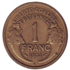 Монета 1 франк. 1930-40 рік, Франція.