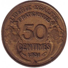 Монета 50 сантимів. 1931,-39 рік, Франція.