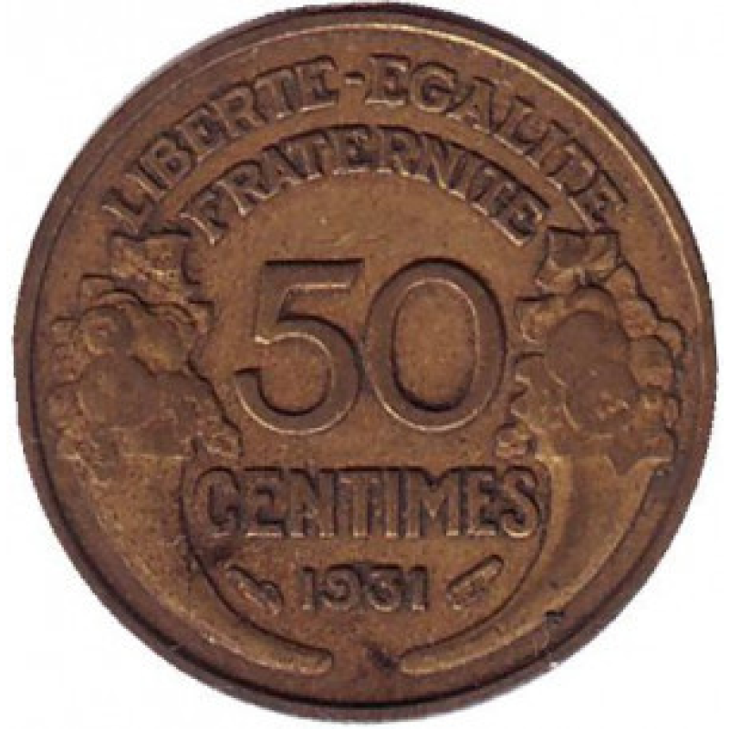 Монета 50 сантимів. 1931,-39 рік, Франція. Монета 50 сантимів. 1931,-39 рік, Франція.