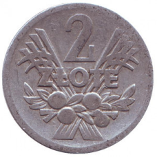 Монета номіналом 2 злотих. 1958 рік, Польща.(В)
