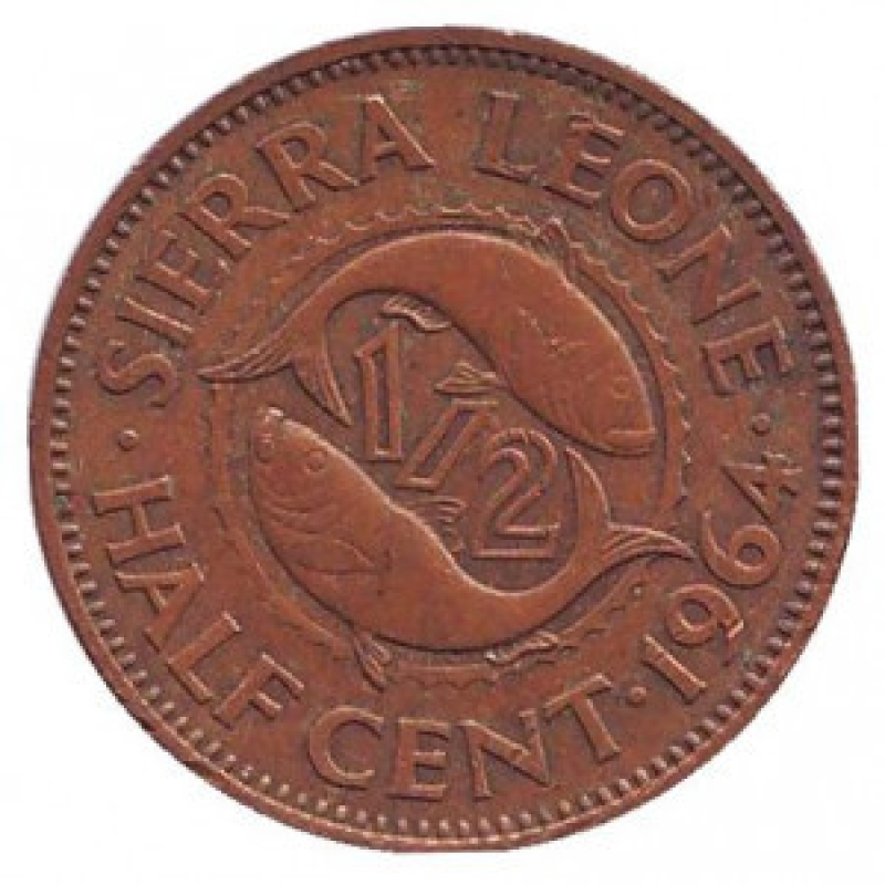 Рибки. Монета 1/2 цента. 1964 рік, Сьєрра-Леоне. (АР) Рибки. Монета 1/2 цента. 1964 рік, Сьєрра-Леоне. (АР)
