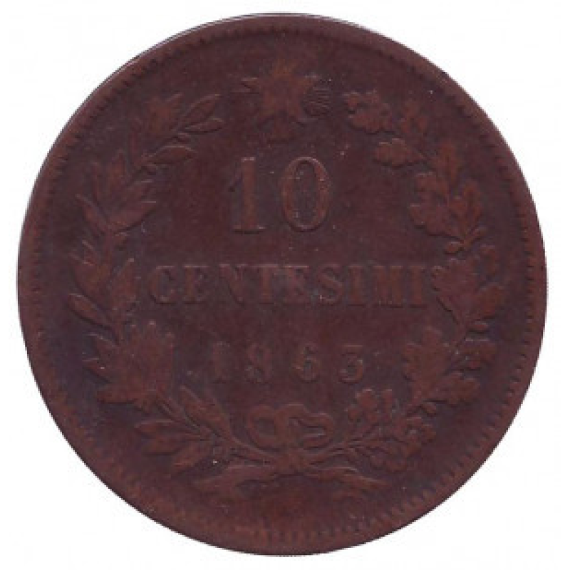 Віктор Еммануїл II. Монета 10 чентезимо. 1863 рік, Італія.